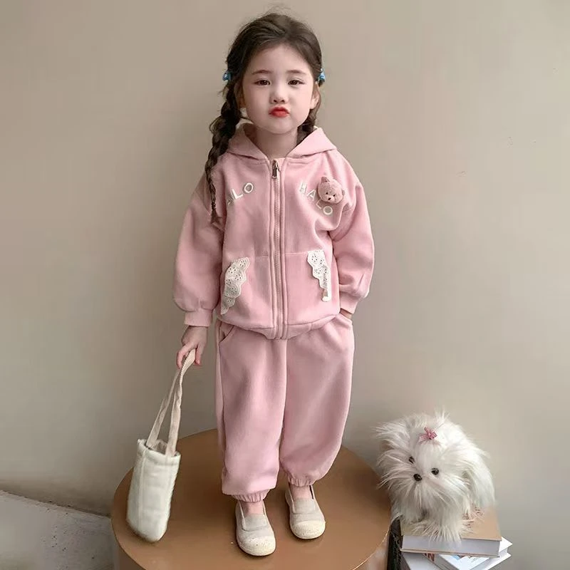 时尚女童2025春秋新款卡通小熊连帽套装儿童休闲裤宝宝洋气两件套