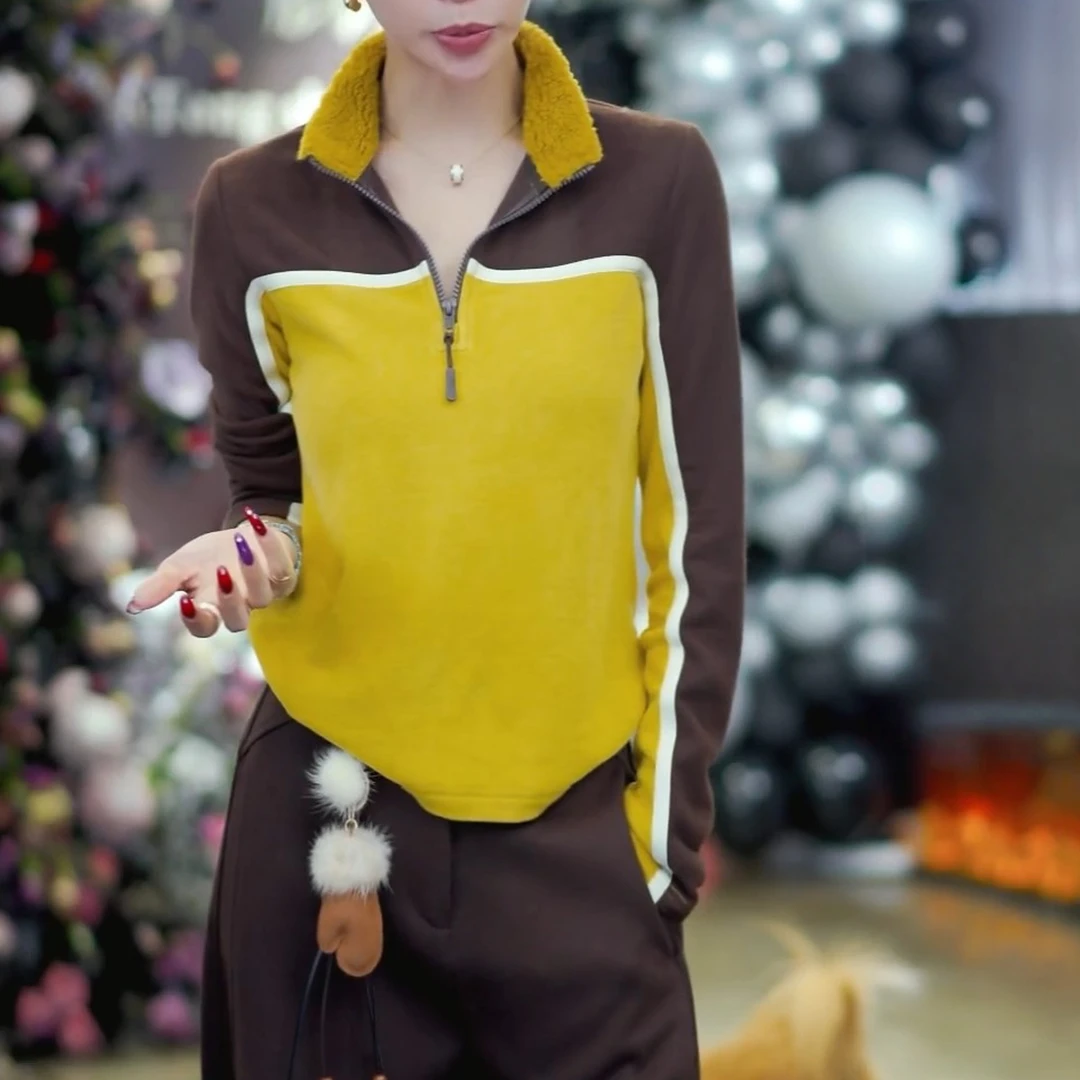 时髦复古时尚撞色拼接2025秋冬小众新品半拉链加厚宽松显瘦卫衣女