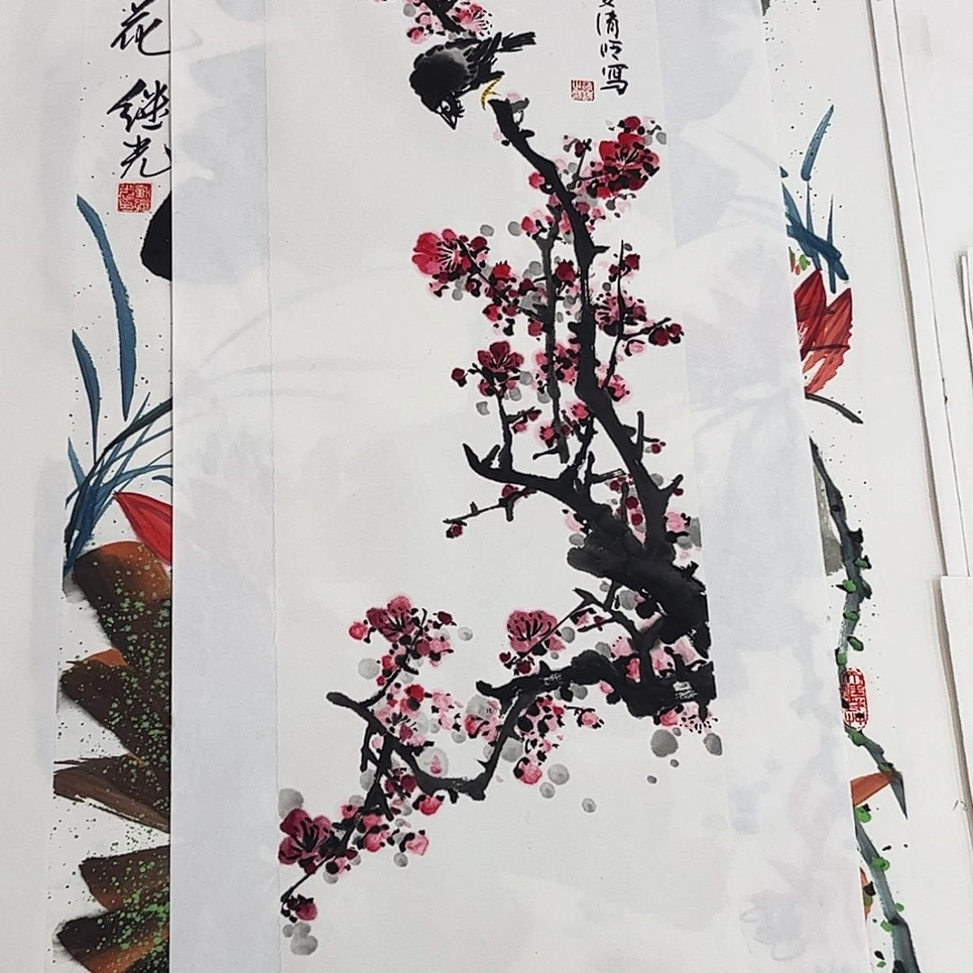国画任清岭老师三尺对开花鸟奇