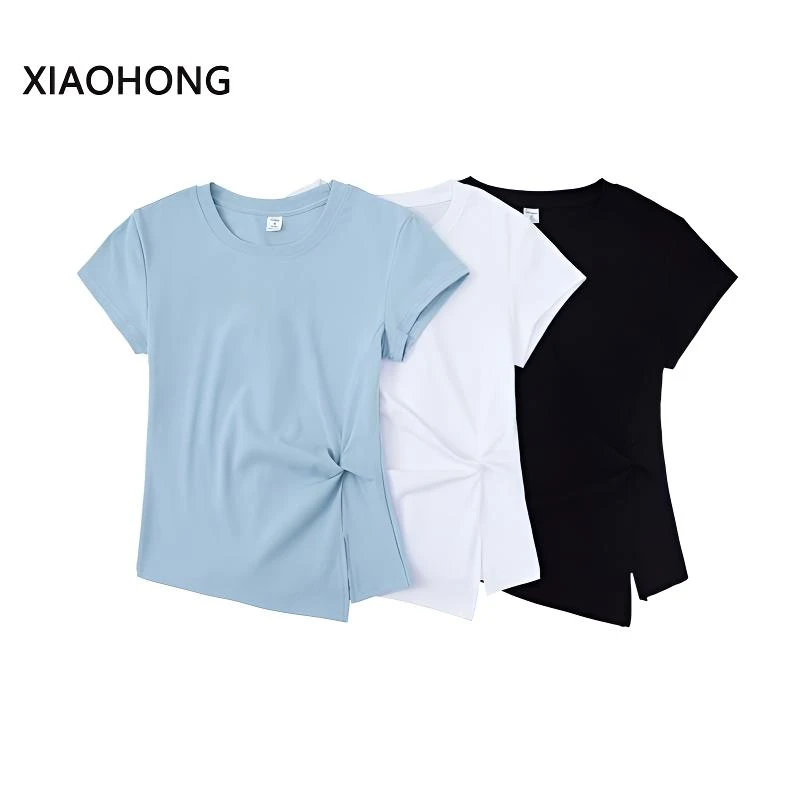 法式减龄圆领正肩短袖T恤女夏季修身设计感褶皱气质上衣2662