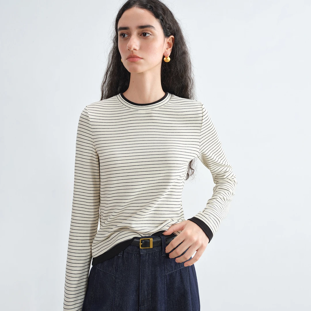 自巧小个子女装复古撞色黑白条纹针织T恤圆领显瘦上衣25ZQ93114