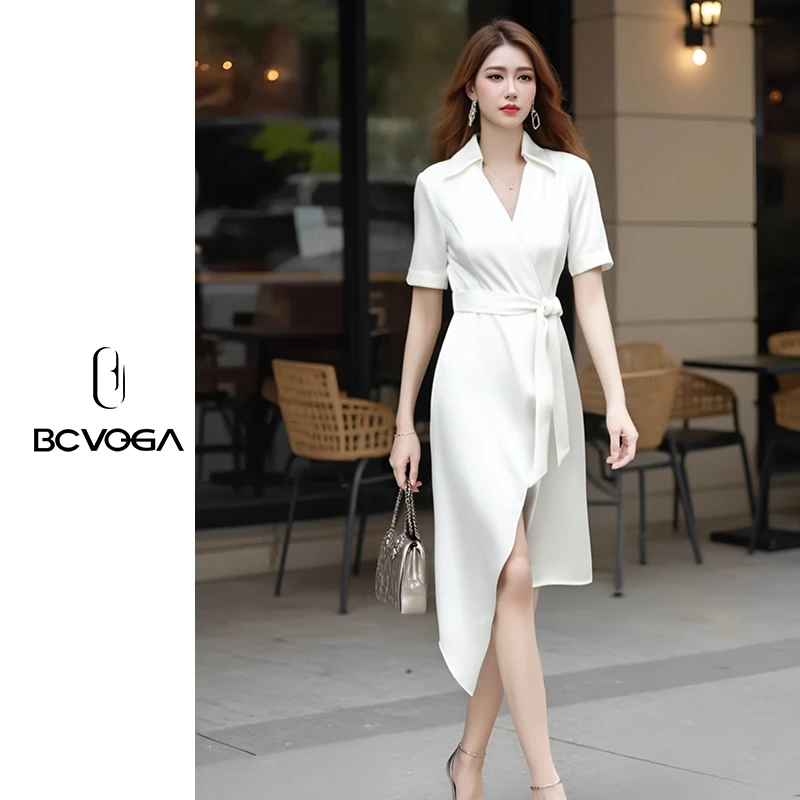 BCVOGA夏季纯色法式收腰气质女神范职业连衣裙白色中长裙常规款