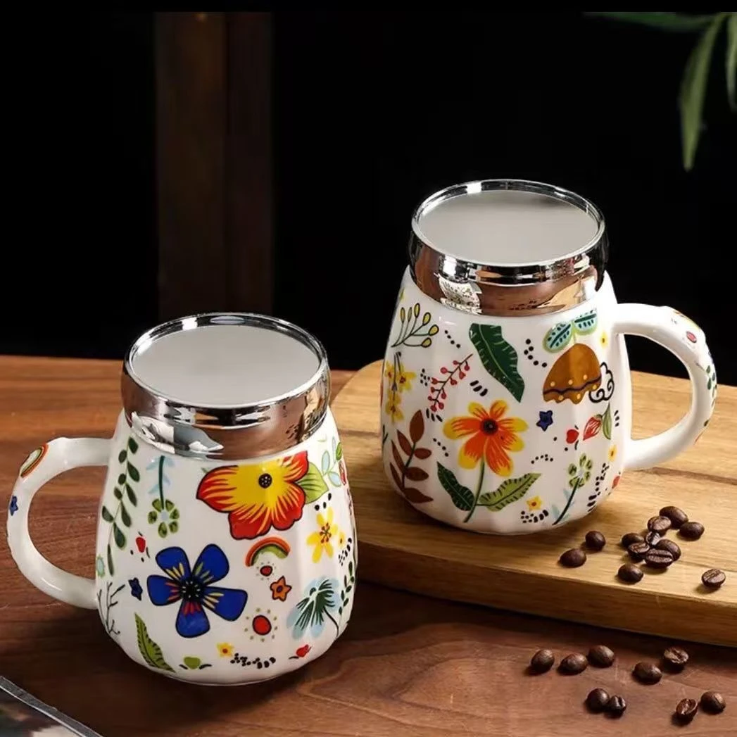 人间四月镜面杯陶瓷家用创意大容量带盖个性水杯