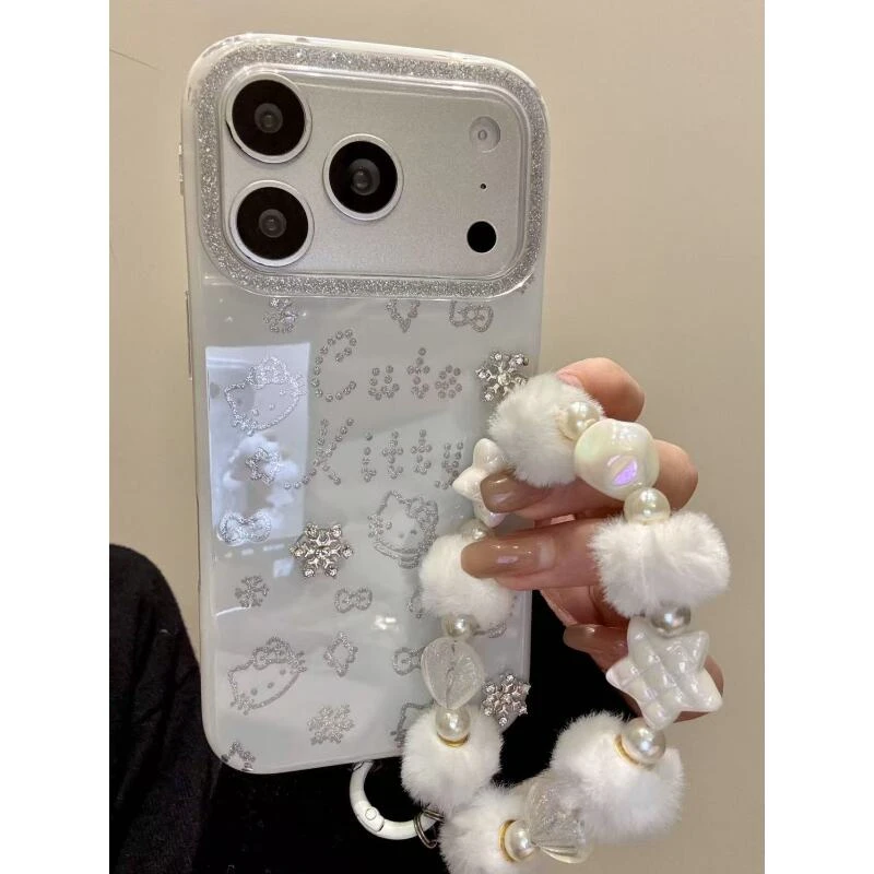 高级感闪粉线条猫咪立体雪花用于iphone17promax苹果16pr手机壳15