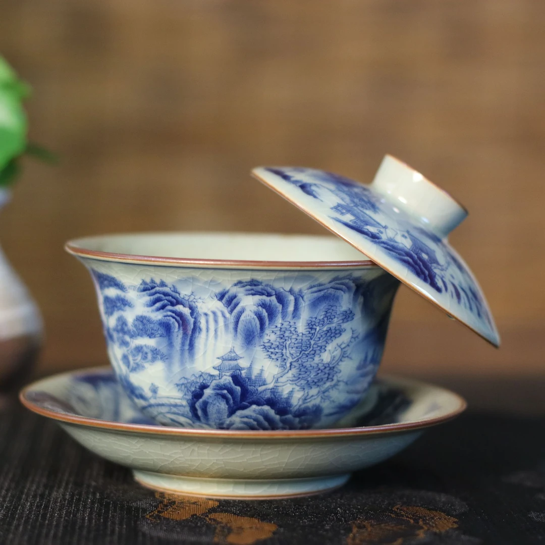 正宗景德镇三才盖碗茶具高档个人专用防烫悬停青花山水之巅