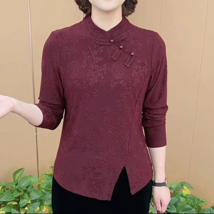 长袖新款提花上衣洋气时尚气质复古修身中国立领打底遮肉