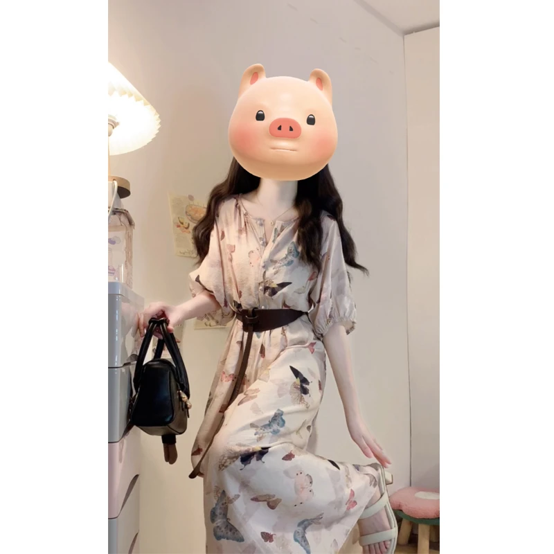 大码夏季新款度假风半袖连衣裙女宽松显瘦a字裙洋气长裙三件套仙