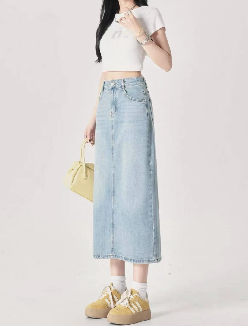 高腰纯色女半身裙遮胯显腿长中长款开叉牛仔半身裙/深棕色裤裙