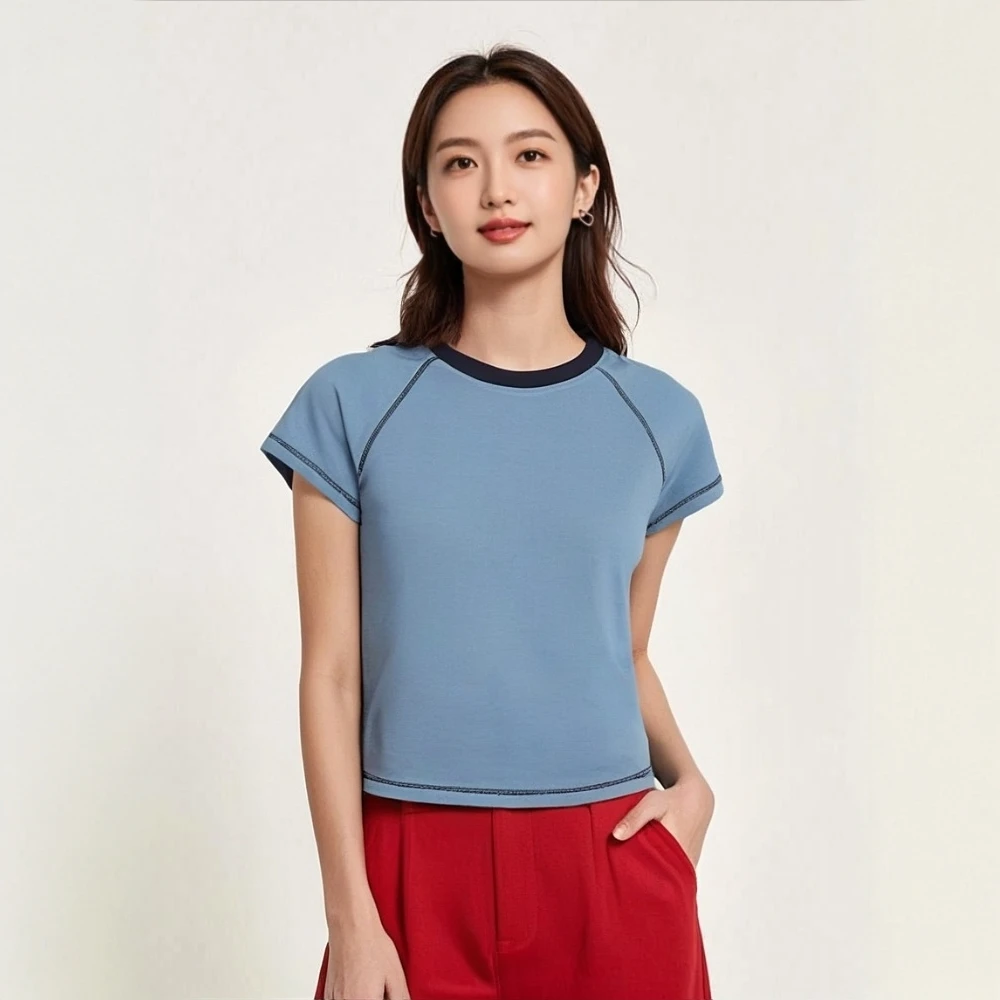夏季新款时尚圆领拼接撞色T恤上衣女士C5769