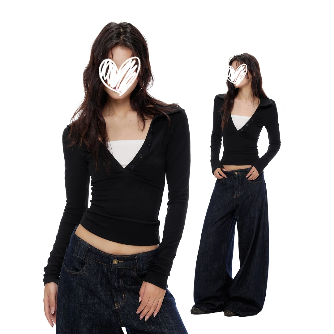 2025年美式复古假两件撞色polo深V领长袖显瘦性感显瘦辣妹女上衣