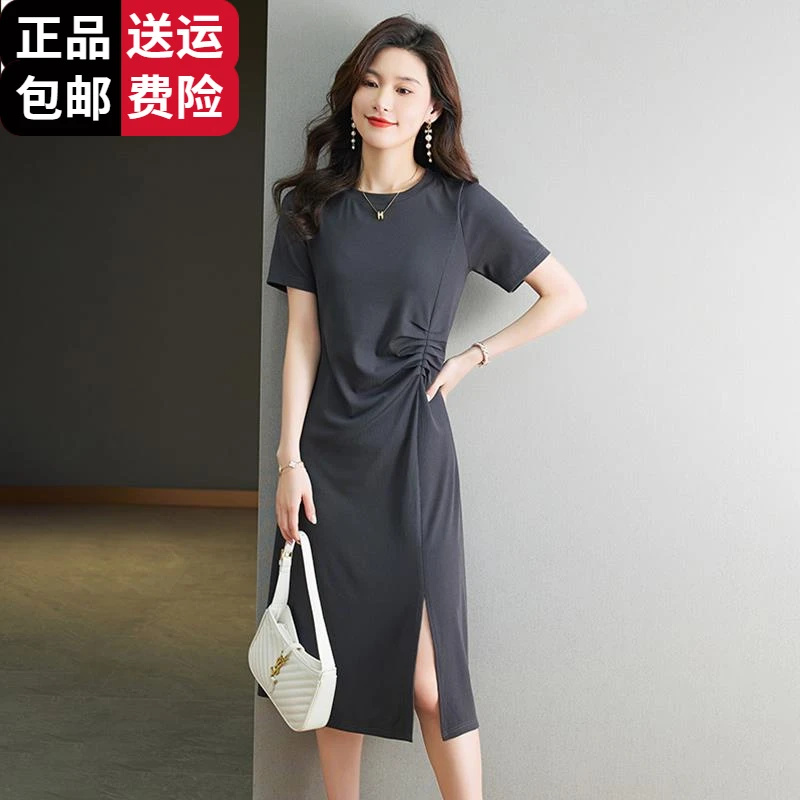 工厂直销百搭夏季新款冰丝连衣裙女显瘦褶皱开叉短袖圆领冰丝