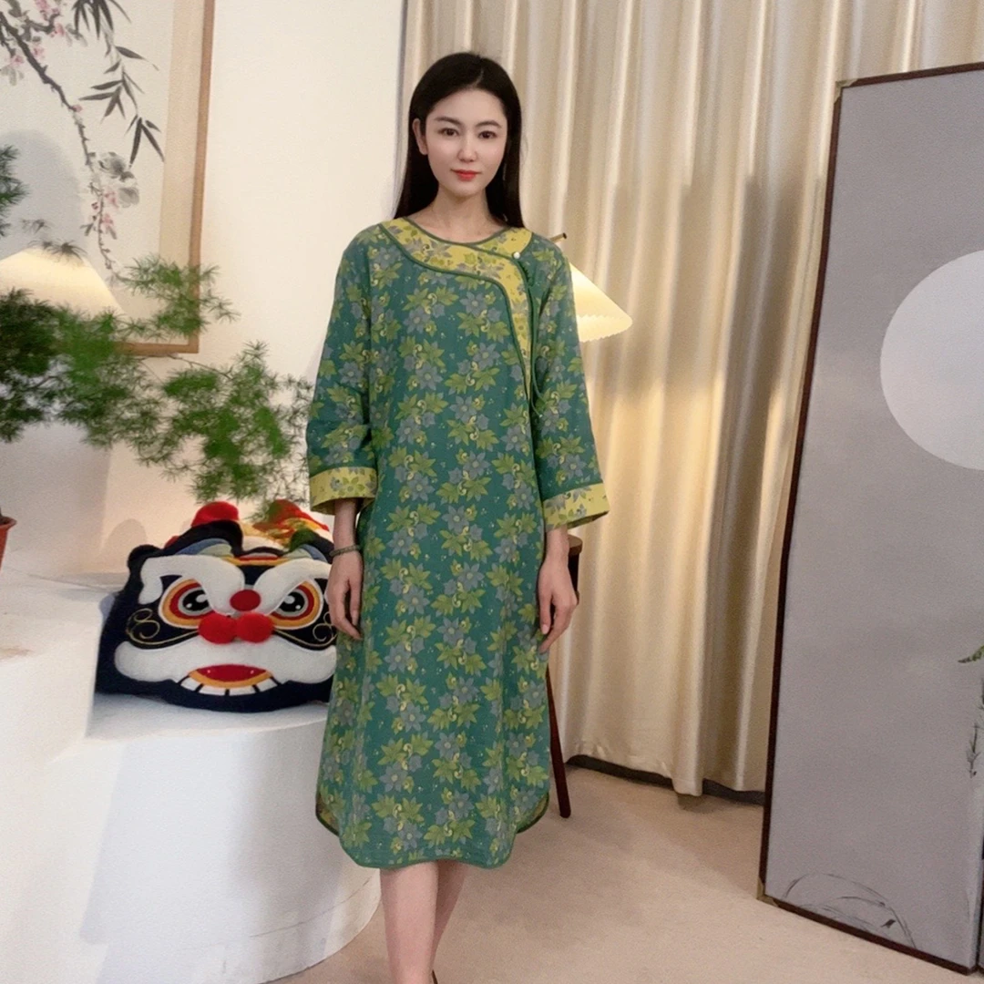 100棉中国风舒适百搭气质女圆领长袖宽松亲肤睡衣连衣裙WQ121901