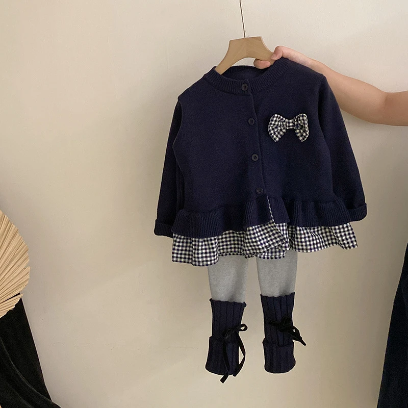 【安安家】女童韩秋季蝴蝶结格子假两件上衣瑜伽打底裤两件套R25538