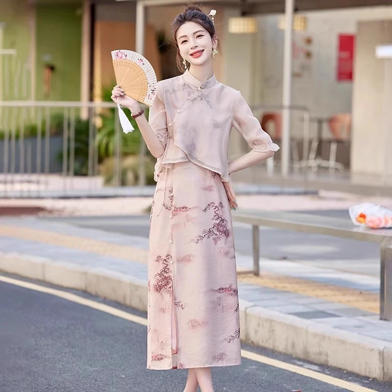 新中式国风套装裙女大码胖气质盘扣上衣半身裙改良旗袍汉服裙子