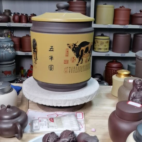 紫砂茶叶罐正品九饼宝塔五牛图9