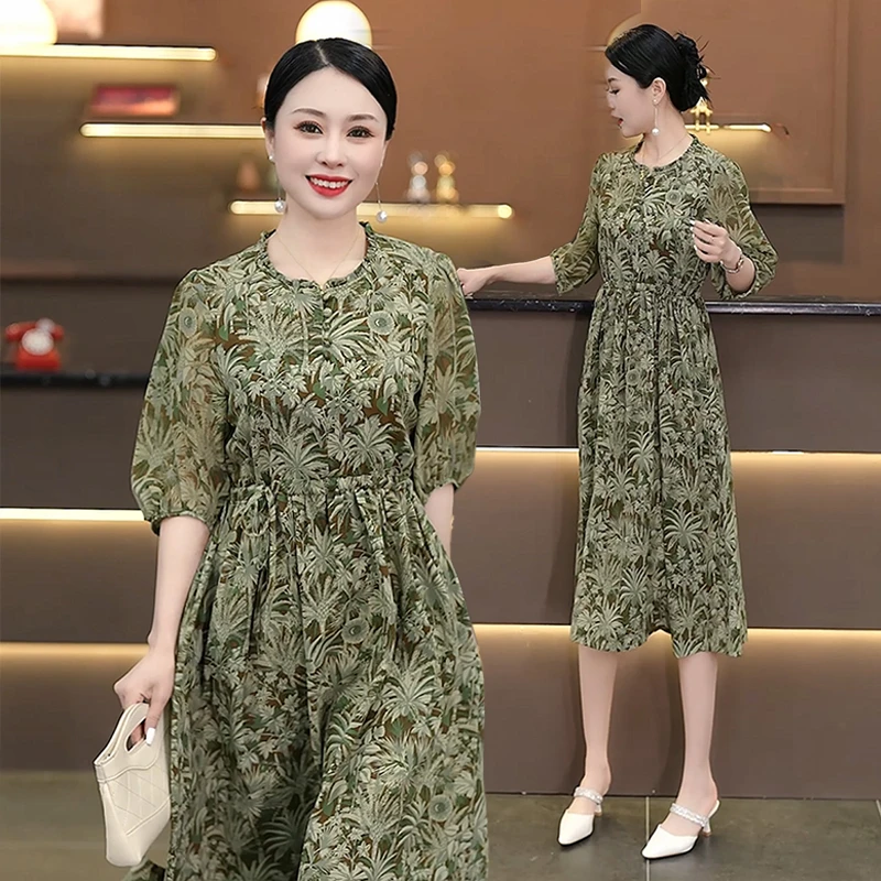 法式森林碎花大摆裙七分袖连衣裙收腰过膝女装气质大码裙子1868