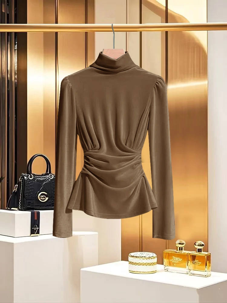 法式独特超好看小香风内搭衬衫2025早春轻奢高级感咖色丝绒上衣女