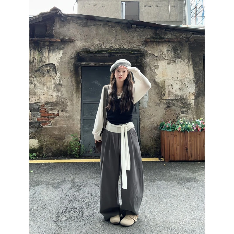 韩系新款绑带薄透叠搭开衫衬衣气质内搭上衣显瘦弯刀阔腿裤三件套