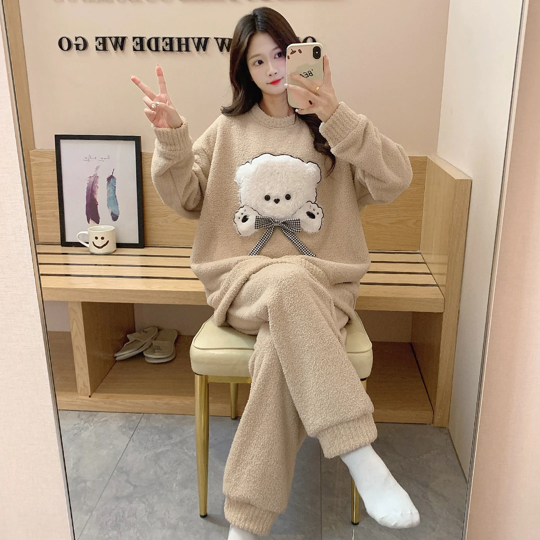 毛绒小熊秋冬季半边绒睡衣女长袖长裤冬加厚保暖小个子家居服套装