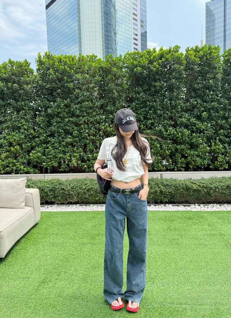 tingtings【牛仔部落】蓝色豹纹阔腿牛仔裤百搭不挑人