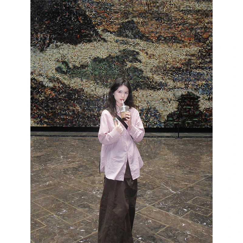 法式长袖衬衫学院风粉色上衣高级感衬衣宽松休闲垂感半身裙长裙女