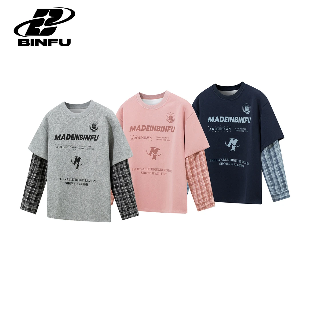 BINFU新款假两件圆领长袖卫衣