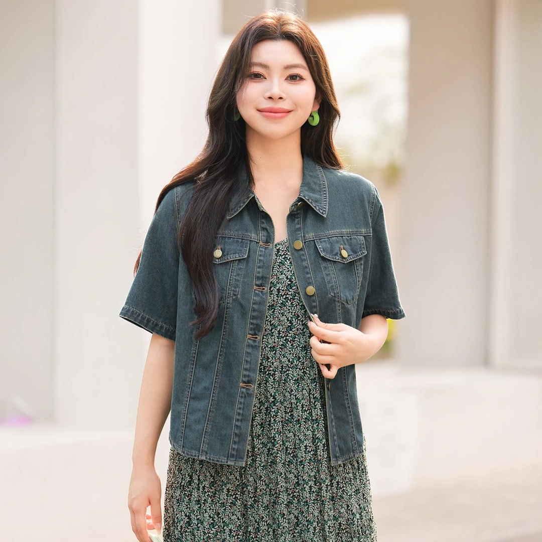 【复古休闲弧摆短袖牛仔外套】MsShe大码女装2025新款夏装S2503010