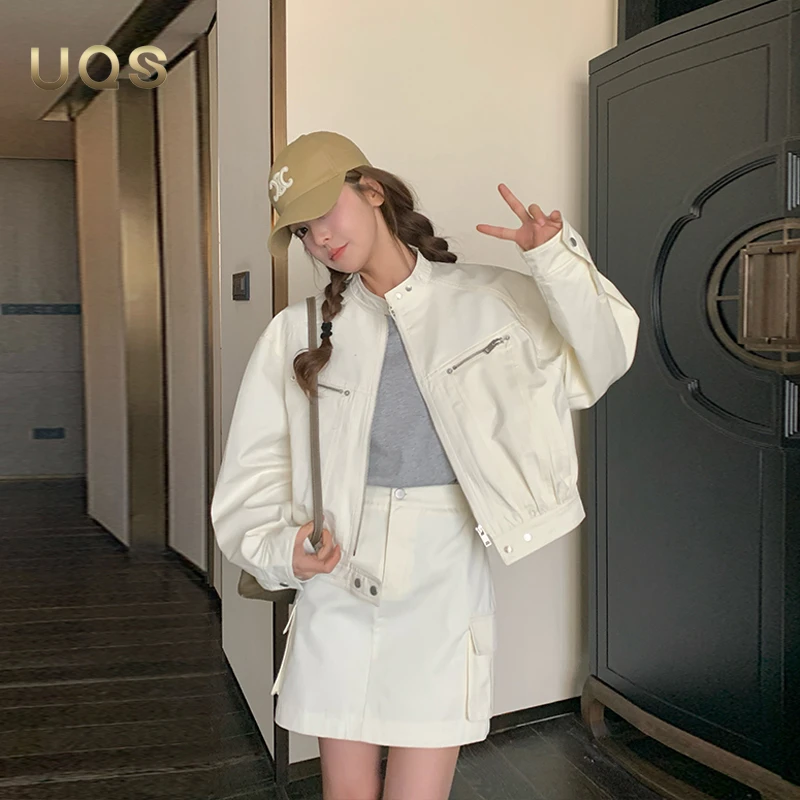 UQS女士韩版显瘦套装2025早秋新款小个子时尚工装外套短裙两件套