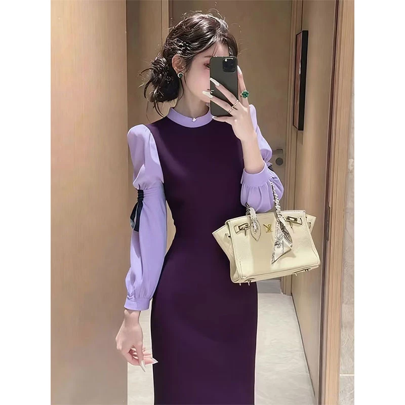 法式紫色拼接长袖连衣裙女装2025秋季温柔高级感千金风气质长裙子