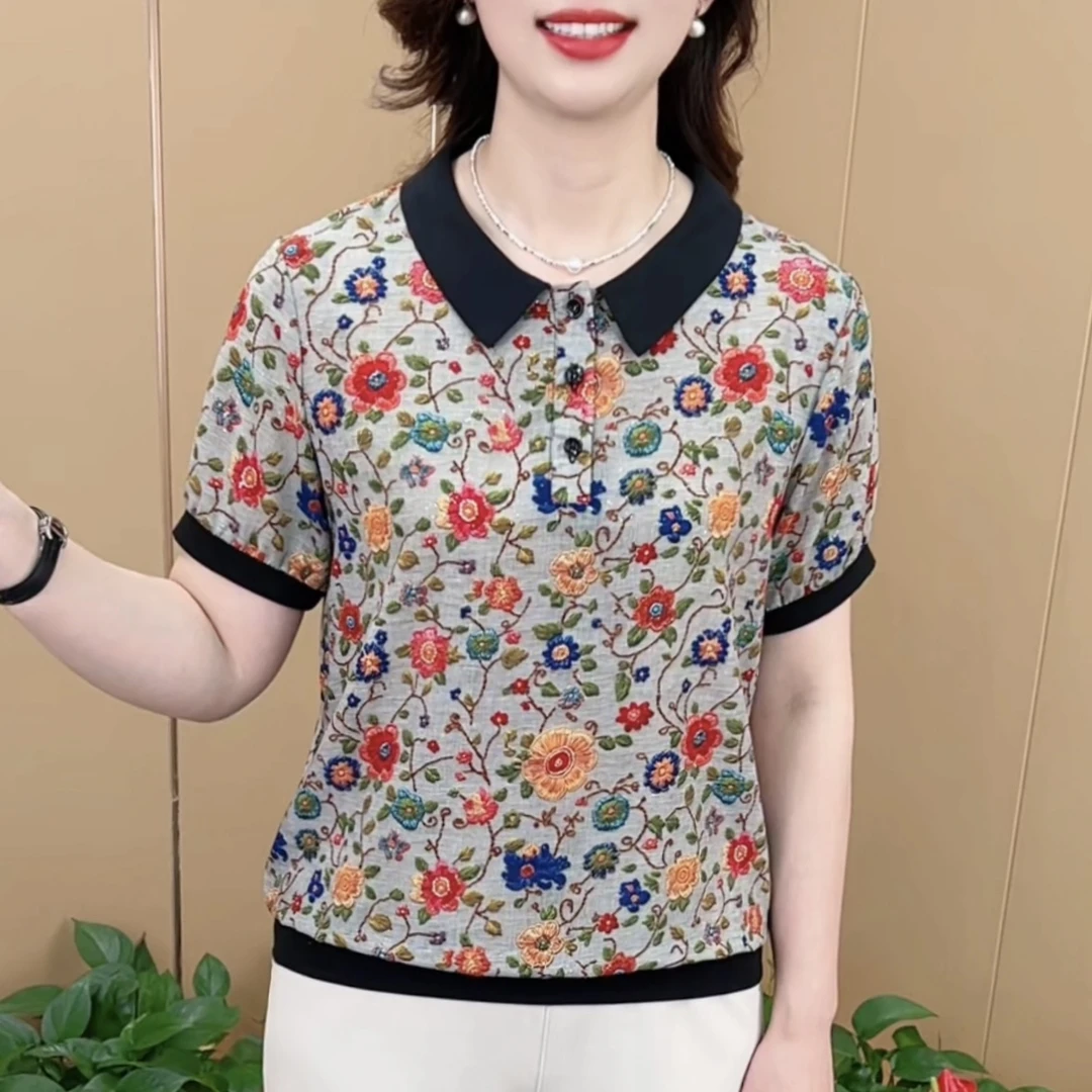 夏季新款时尚翻领印花小衫气质妈妈装休闲洋气百搭短袖上衣K625