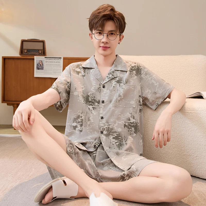 睡衣男款新款短袖高档男士大码睡衣夏季冰丝家居服套装可外穿