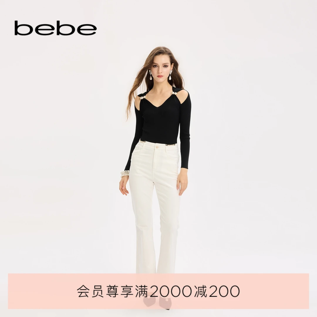 bebe2025秋季新款女士气质微喇修身显瘦长款白色牛仔裤311005