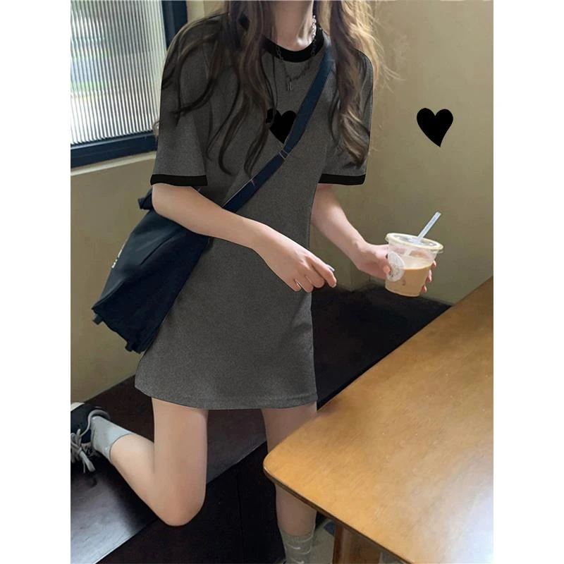 慵懒风短袖圆领连衣裙女夏季2025新款小个子撞色修身显瘦t恤裙女