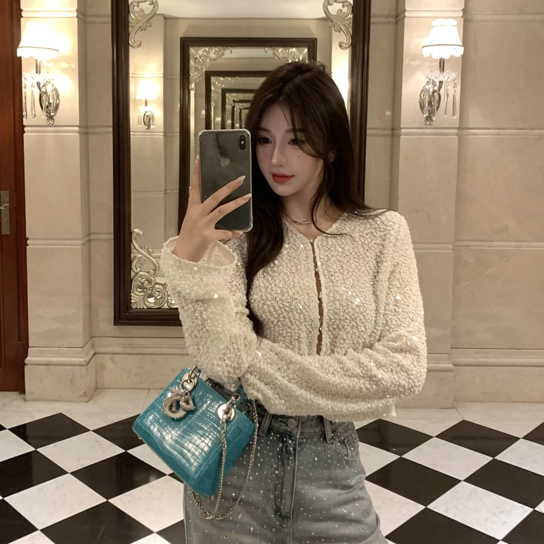 FBB limit带钻钩扣设计轻薄镂空金丝亮片气质开衫短外套D252244X