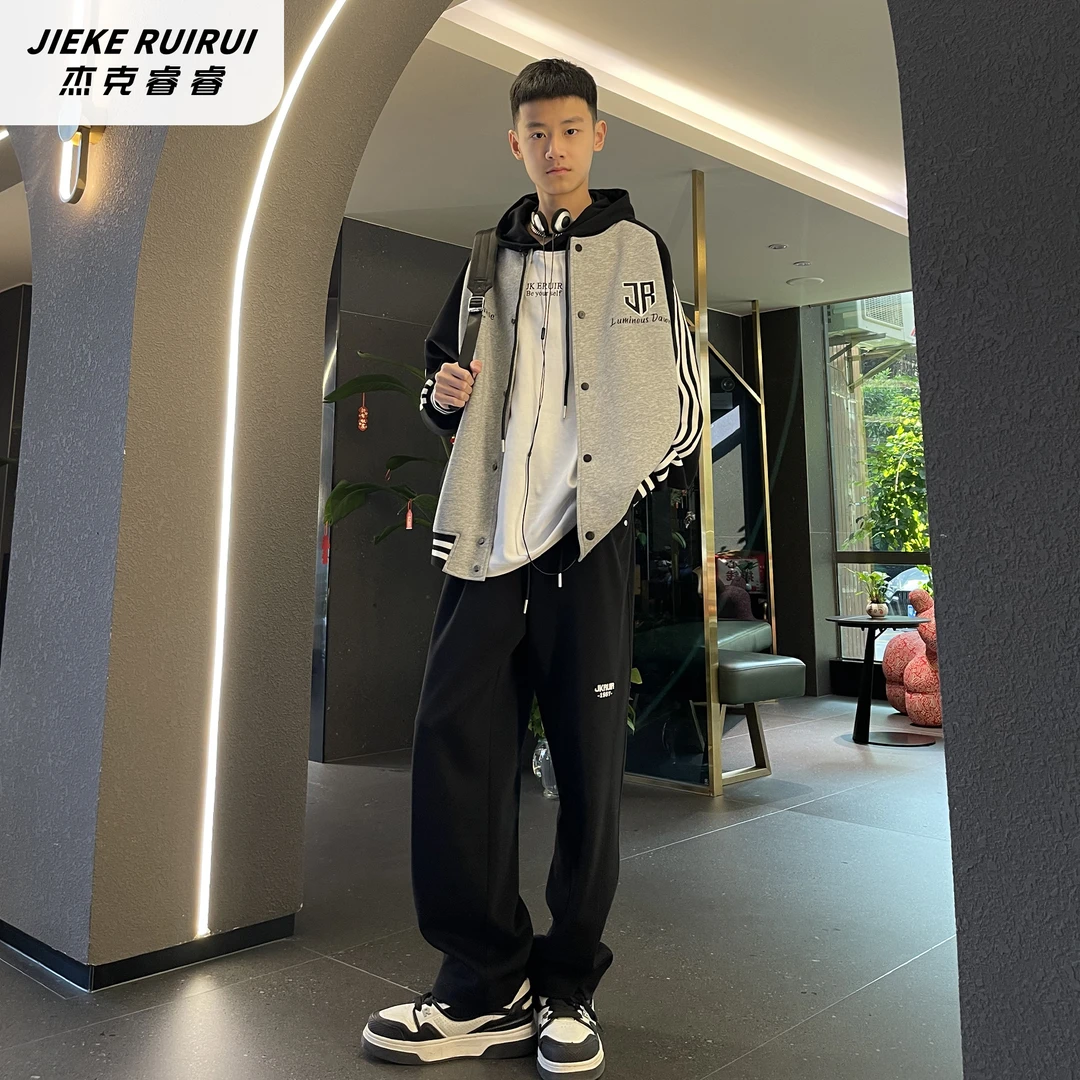 【现货-凯】春季美式青少年杠条棒球服外套洋气宽松夹克杰克睿睿潮