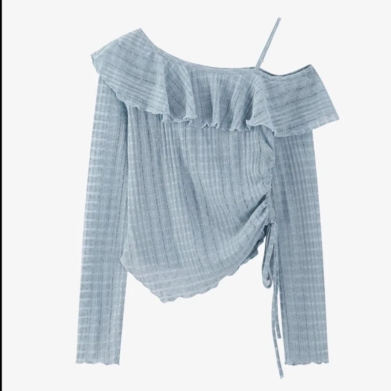 法式荷叶边吊带露肩长袖t恤女2025春夏季新款抽绳一字肩上衣