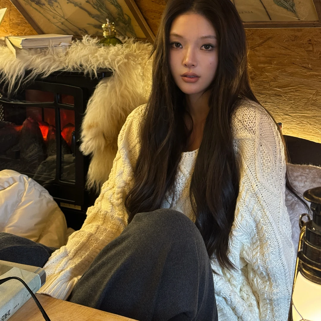 R-HER“奶芙华夫”百搭麻花套头长袖女宽松显瘦圆领针织衫RP5NC9861