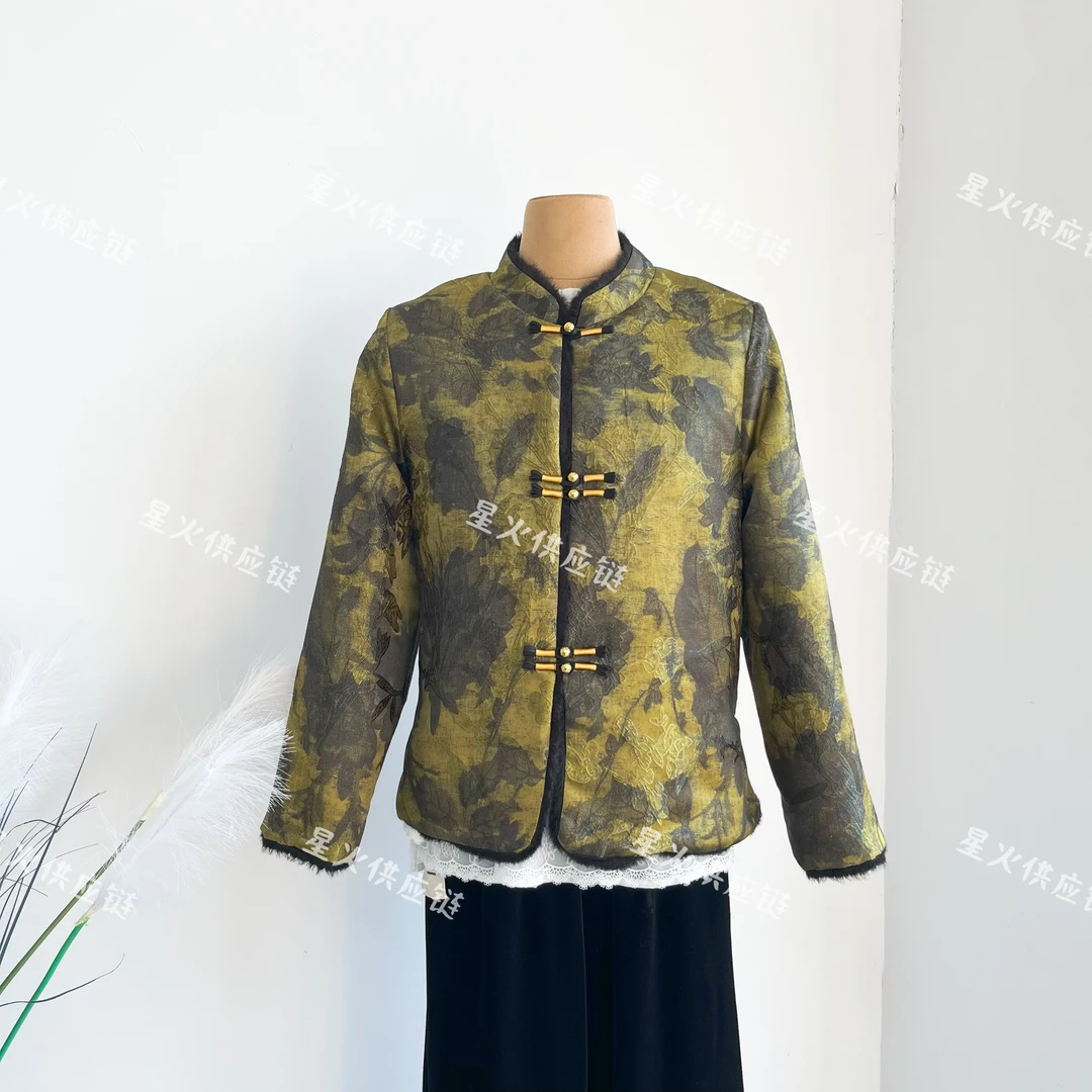 冬季新款两面穿新中式国风短款提花拼接毛绒边外套棉衣