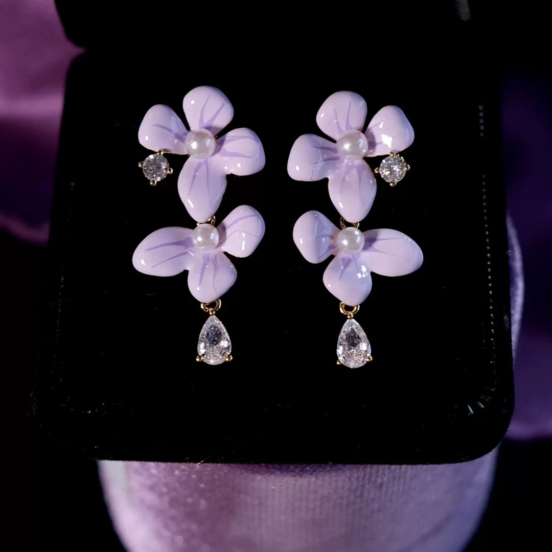 非金属合成锆石耳饰 法式浪漫紫藤花锆石耳环女花朵珍珠耳钉耳饰