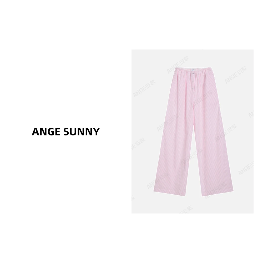 ANGE SUNNY【粉色条纹长裤】Sk*ms风格松紧腰纽扣宽松休闲裤