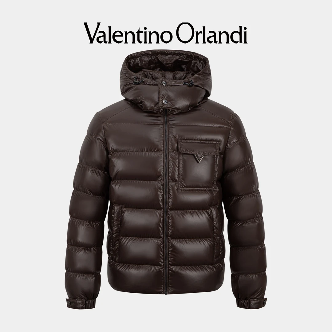 Valentino orlandi男士冬季B版简约百搭金属V标可脱卸帽羽绒服