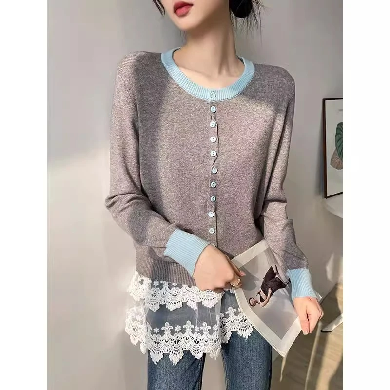 长袖针织开衫女春秋撞色圆领毛衣设计感内搭打底上衣外穿2025新款