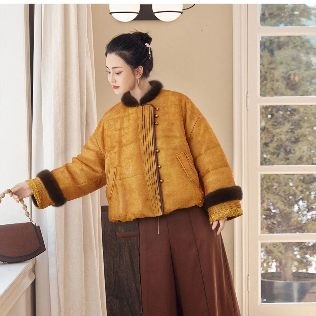 复古国风拼接提花保暖百春秋冬女士休闲棉服6C1018