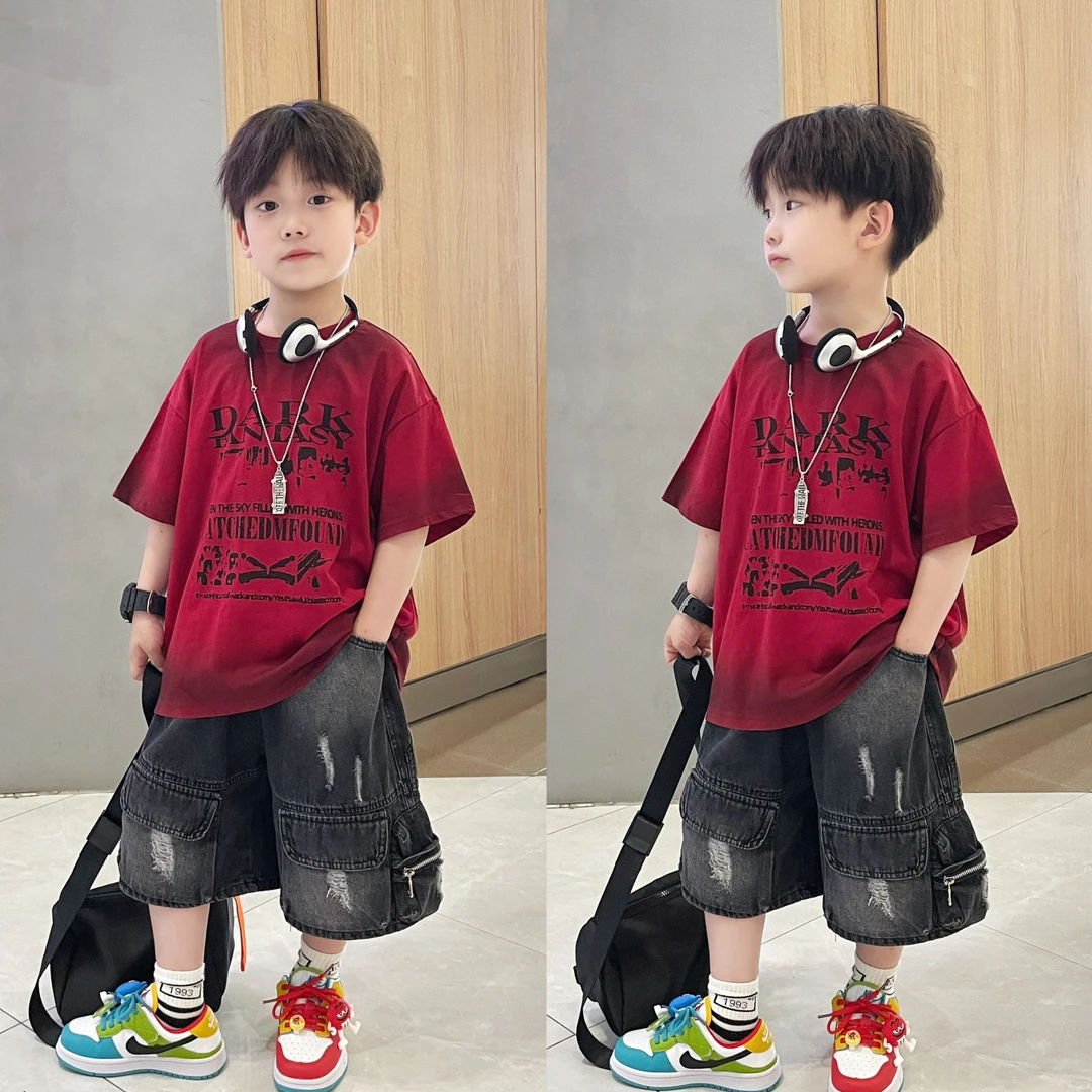 夏季男童宽松印花套装潮酷新款儿童夏季半袖薄款体恤大儿童服装