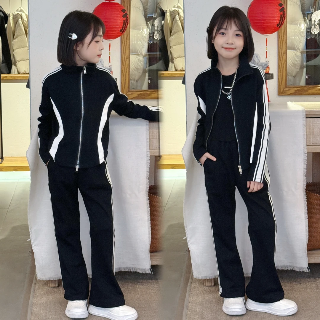 女童春秋卫衣运动套装2025新款洋气时尚中大童秋款修身拉条两件套