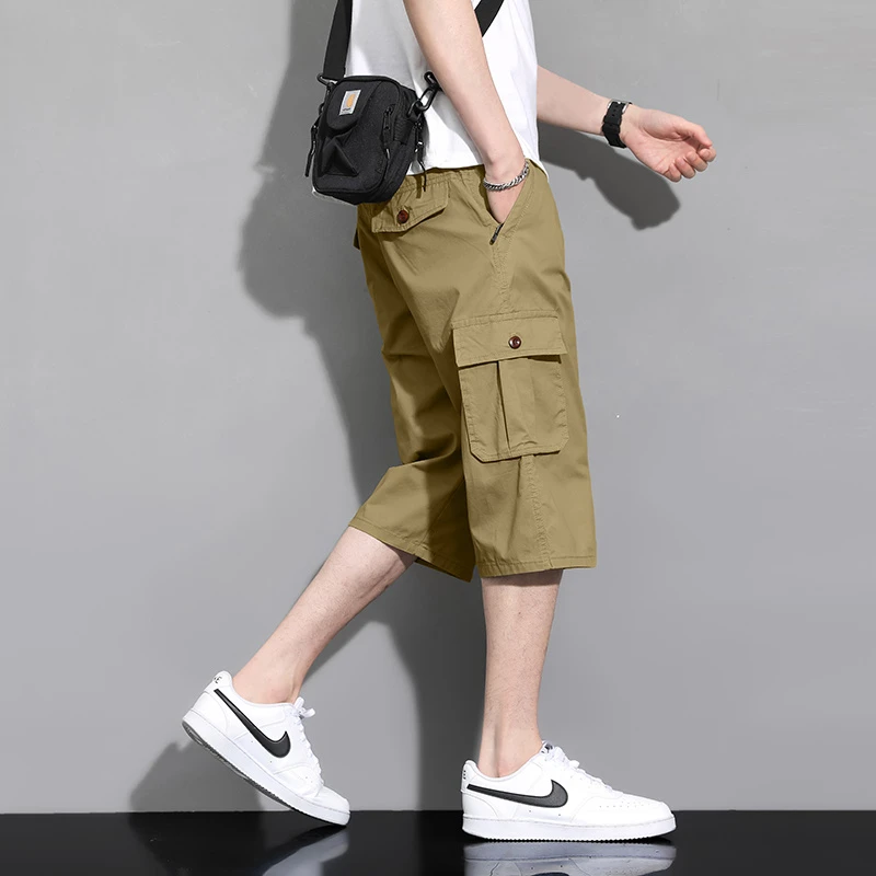 （升级口袋拉链）夏季纯棉男士七分裤松紧腰多口袋工装裤休闲裤耐磨