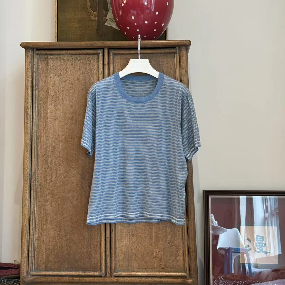 MYL 2025夏季新品羊绒混纺蓝色条纹针织衫圆领短袖套头休闲上衣