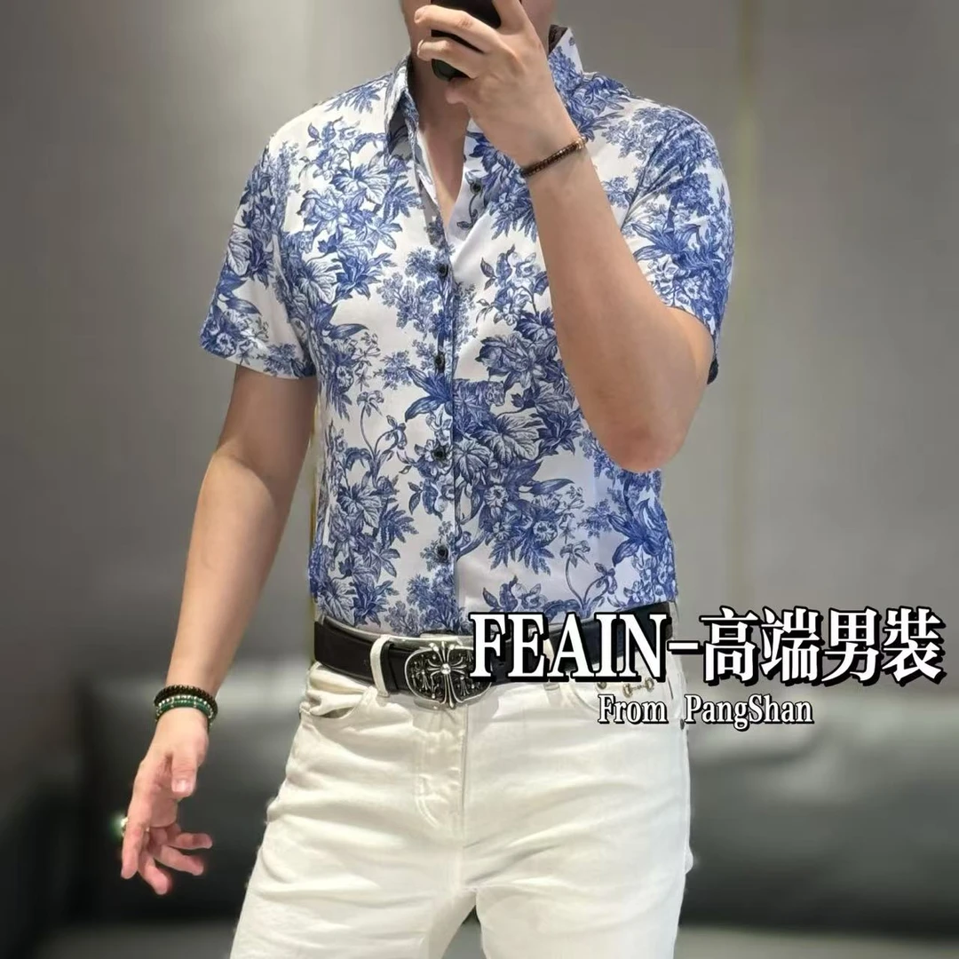 高端定制男士莱塞尔混纺弹力复古青花瓷风格短袖衬衫1616