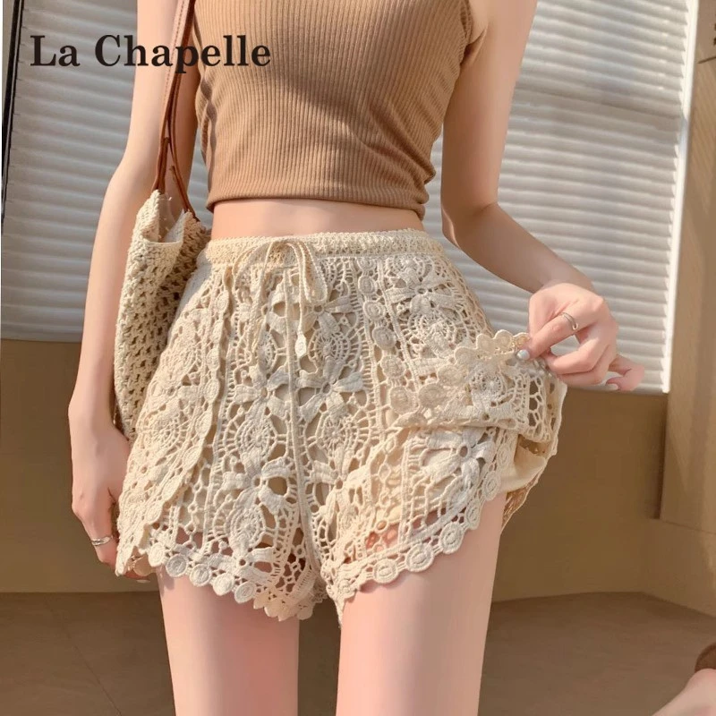 拉夏贝尔蕾丝镂空运动短裤女夏季薄款小个子防走光三分a字阔腿裤