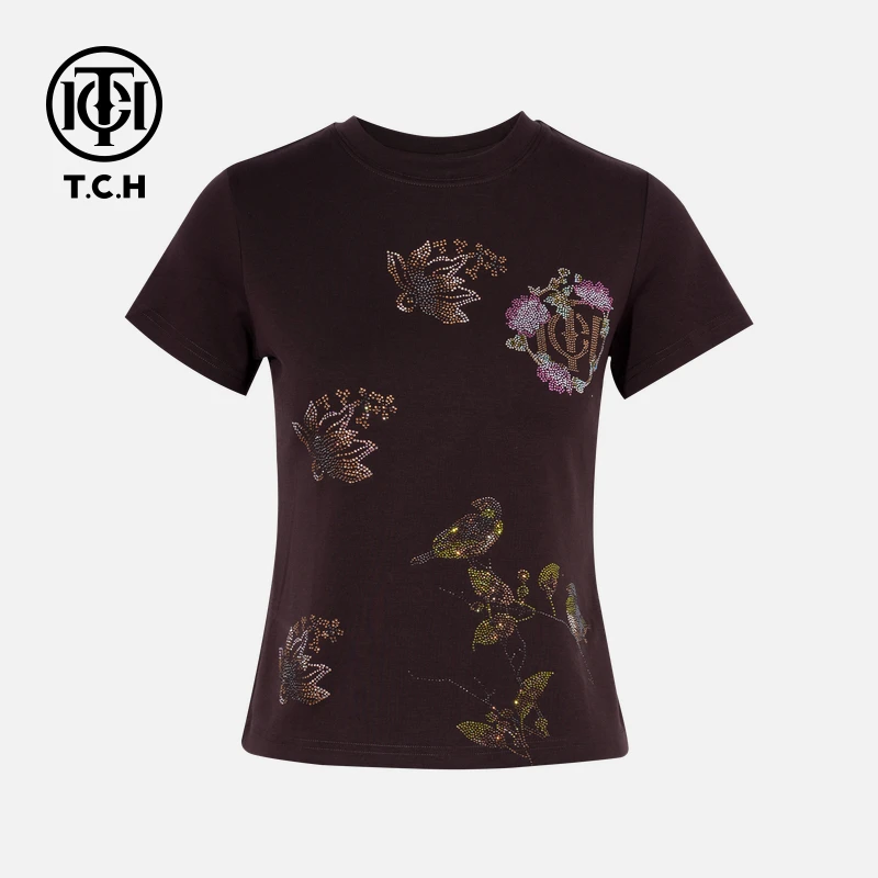 TCH轻奢洋气烫钻工艺舒适简约百搭T恤女T75B10E1002私服tch